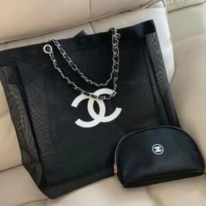 ~Chanel GWP Black Mesh Tote Bag with Gold Chain Straps